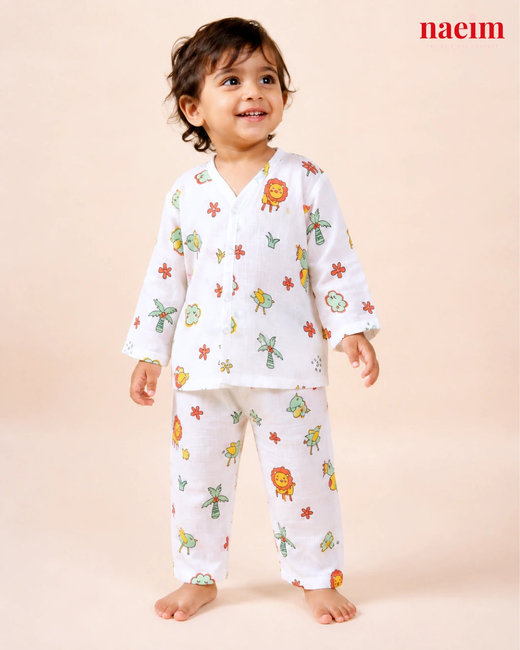 Muslin Full Sleeve Night Suit Set for Babies – Jungle Friends Print | 100% Cotton Muslin Pajama Set | Soft All-Season Sleepwear