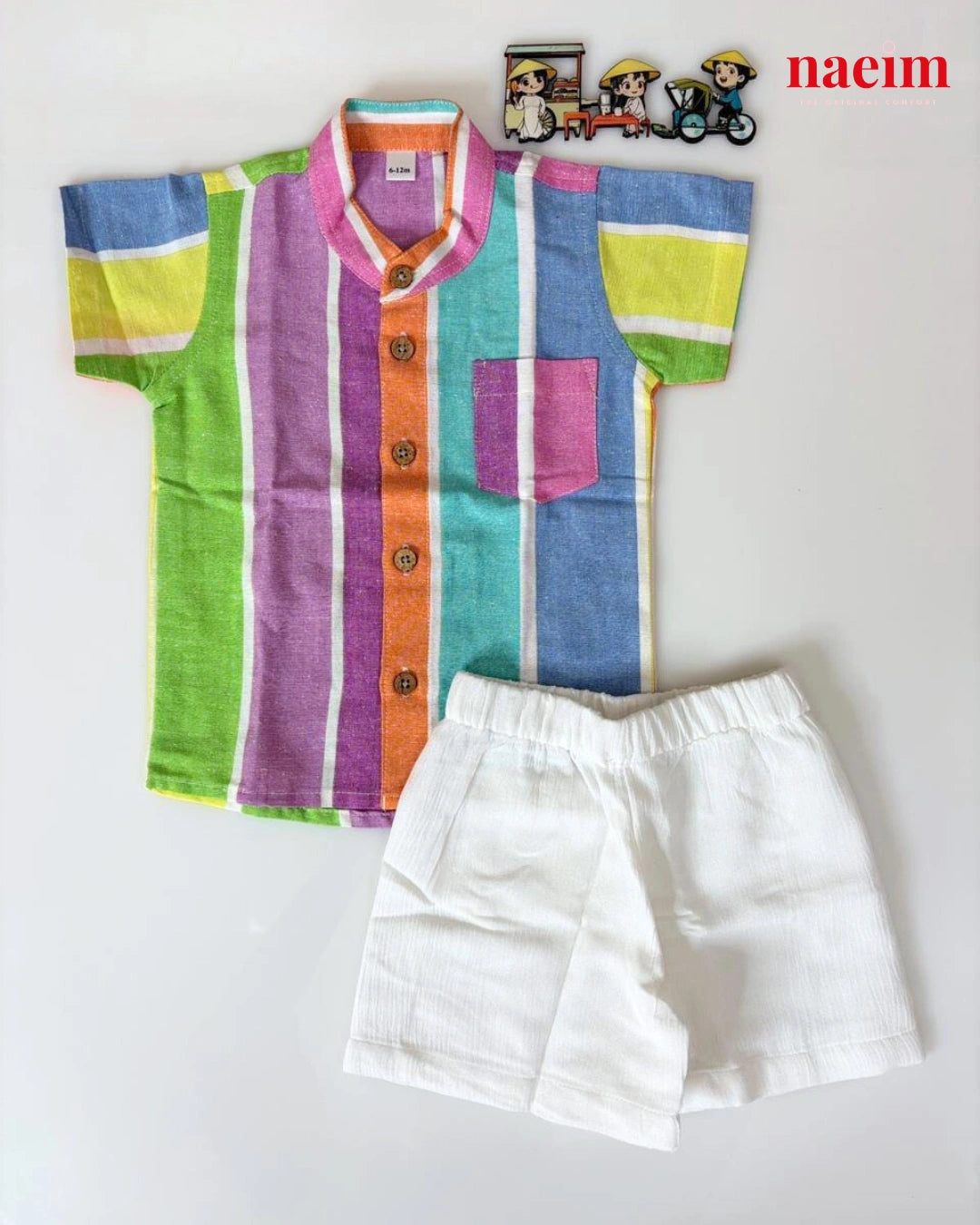 Boys Multi-Color Vertical Stripe Cotton Shirt and White Shorts Co-ord Set