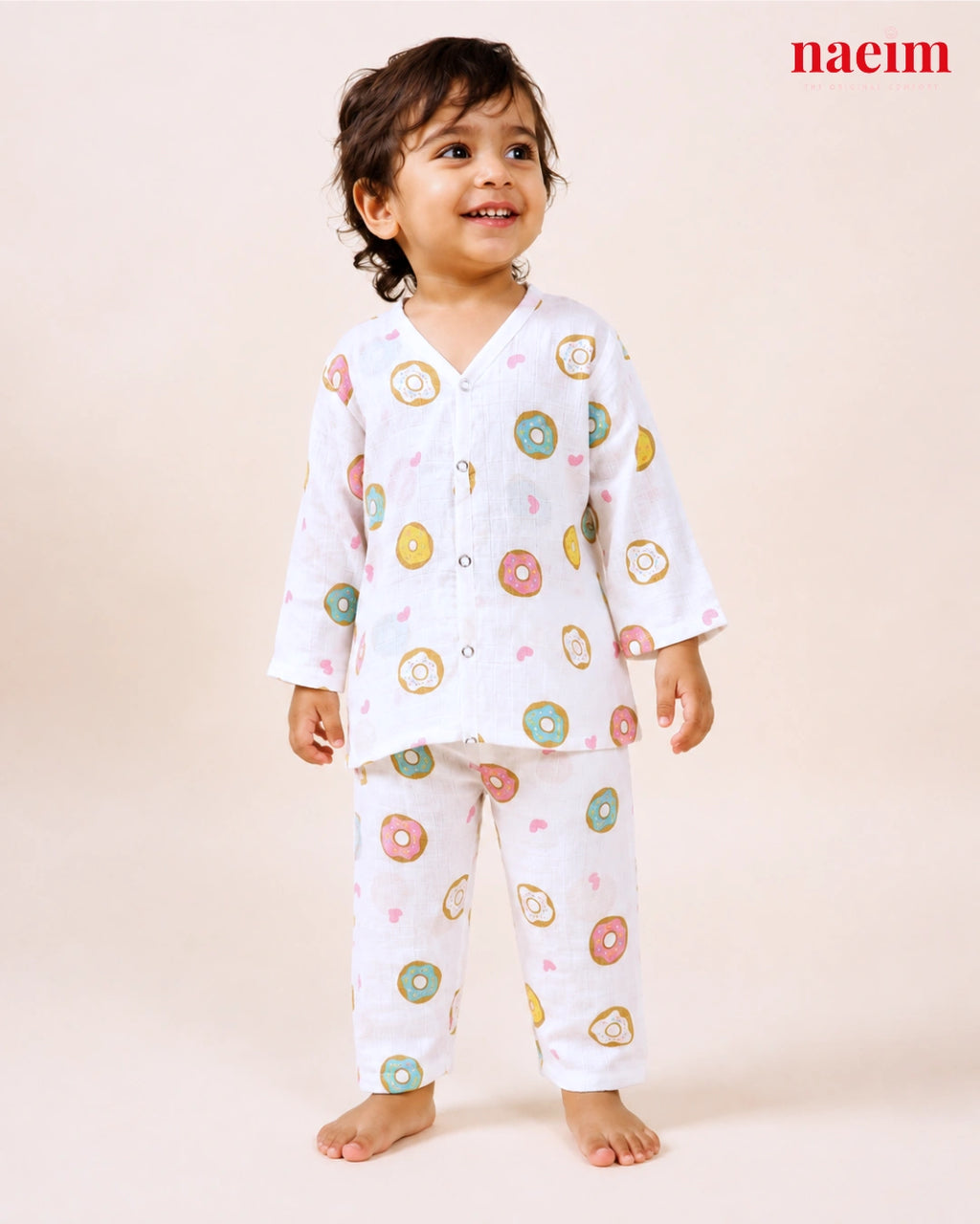 Muslin Full Sleeve Night Suit Set – Donut Print | 100% Cotton Baby Pajama Set | Soft All-Season Sleepwear