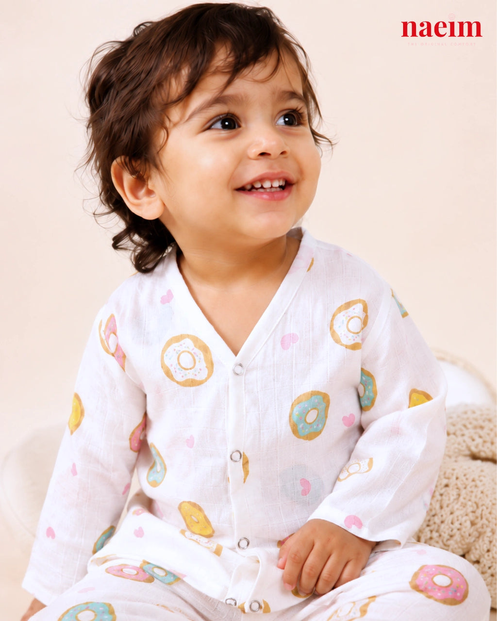 Muslin Full Sleeve Night Suit Set – Donut Print | 100% Cotton Baby Pajama Set | Soft All-Season Sleepwear