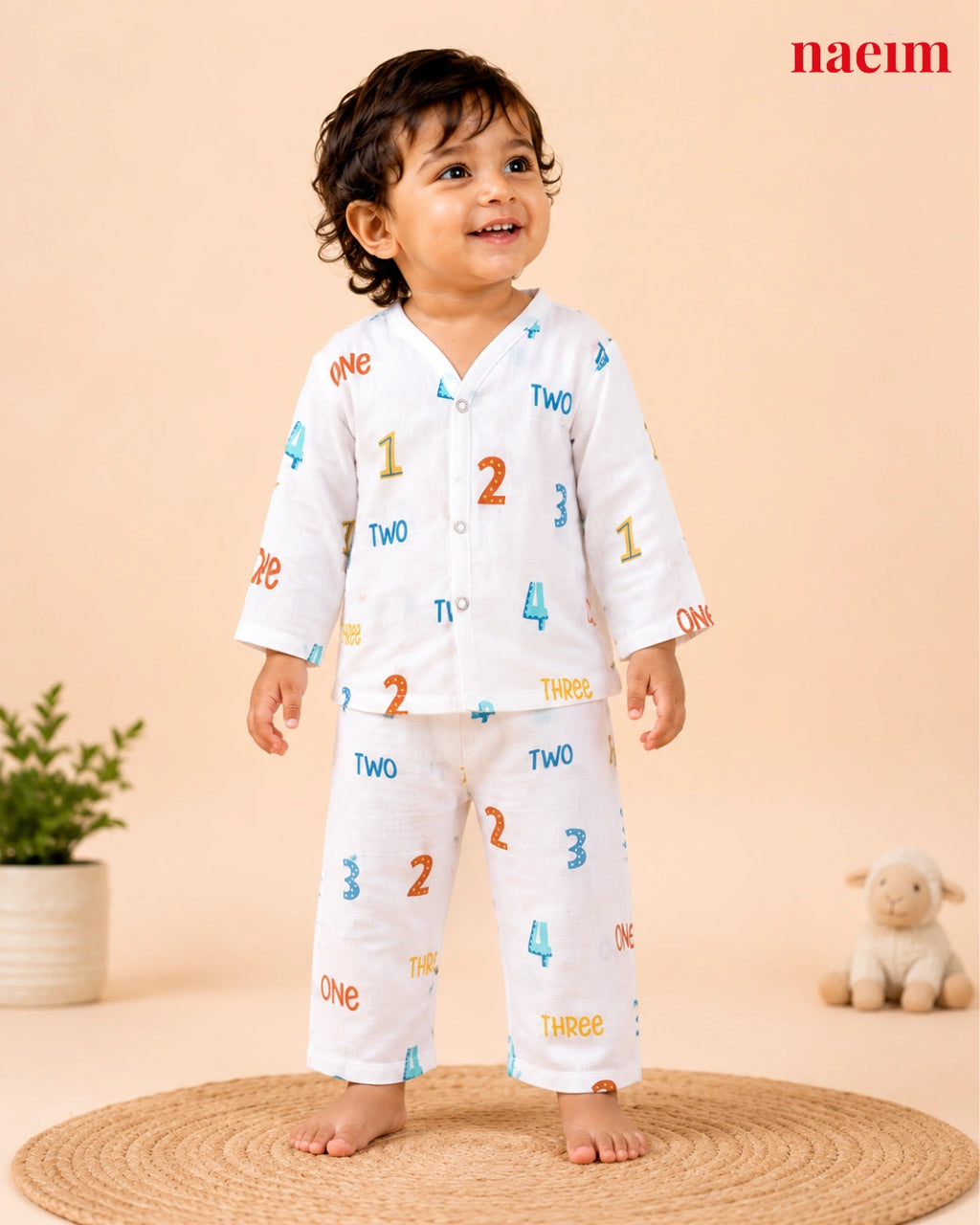 Muslin Full Sleeve Night Suit Set for Babies – Numbers Print | 100% Cotton Muslin Pajama Set | Soft All-Season Baby Sleepwear