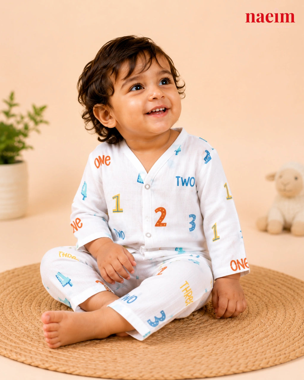 Muslin Full Sleeve Night Suit Set for Babies – Numbers Print | 100% Cotton Muslin Pajama Set | Soft All-Season Baby Sleepwear