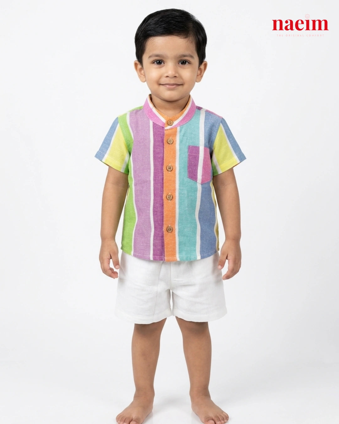 Boys Multi-Color Vertical Stripe Cotton Shirt and White Shorts Co-ord Set