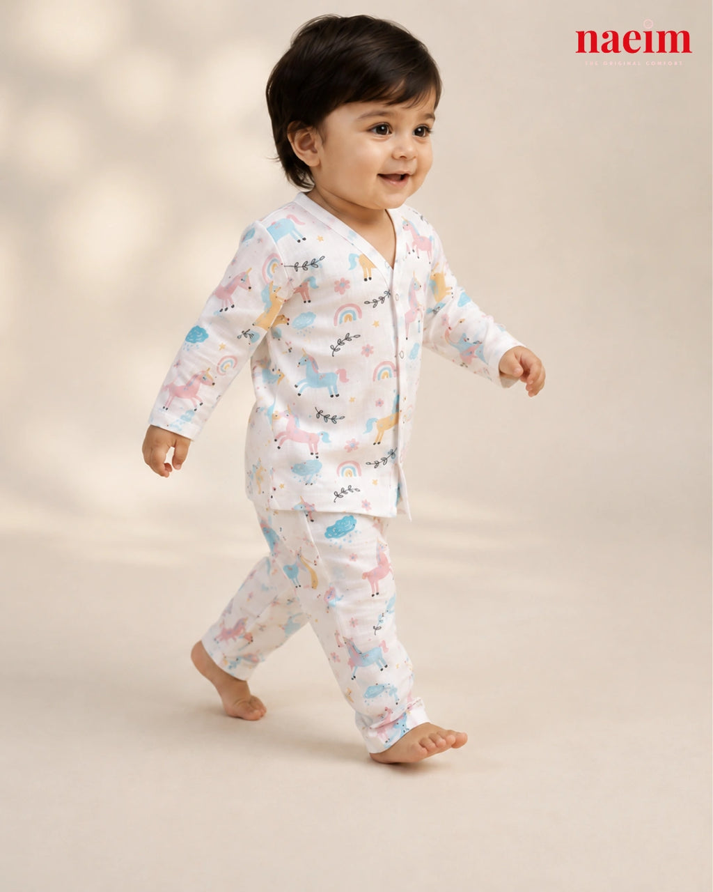 Muslin Full Sleeve Night Suit Set for Babies – Unicorn Rainbow Print | 100% Cotton Muslin Pajama Set | Soft All-Season Baby Sleepwear