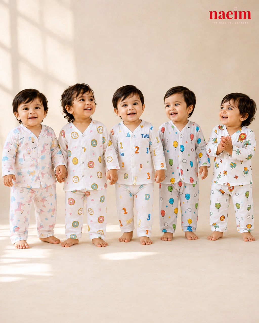 Pack of 5 Muslin Full Sleeve Night Suit Sets for Babies | 100% Cotton Muslin Pajama Combo | Soft All-Season Baby Sleepwear
