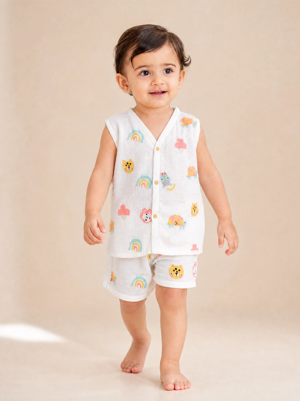 NAEIM Premium Muslin Jabla & Shorts Set for Babies – Rainbow Safari Print