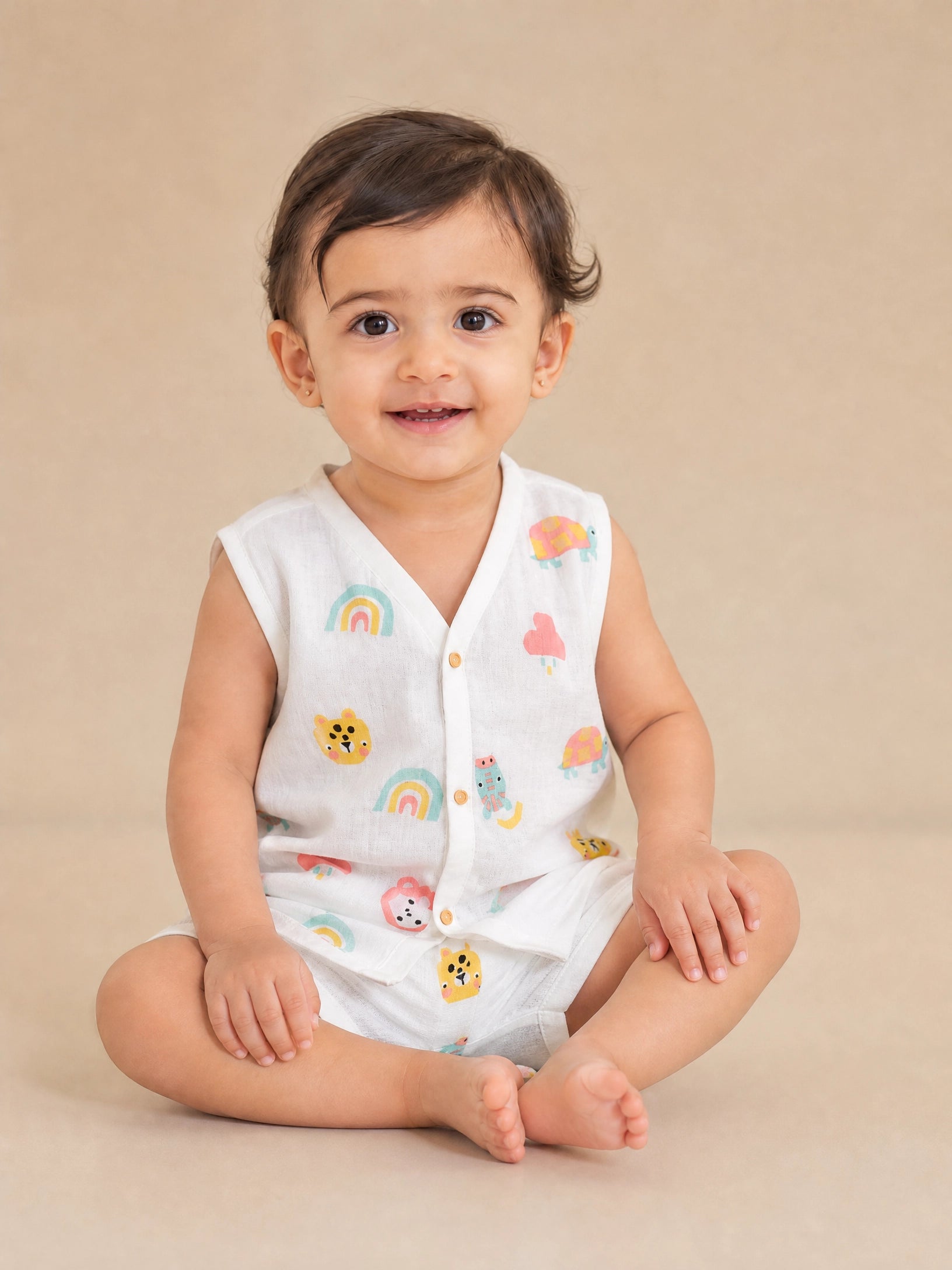 NAEIM Premium Muslin Jabla & Shorts Set for Babies – Rainbow Safari Print