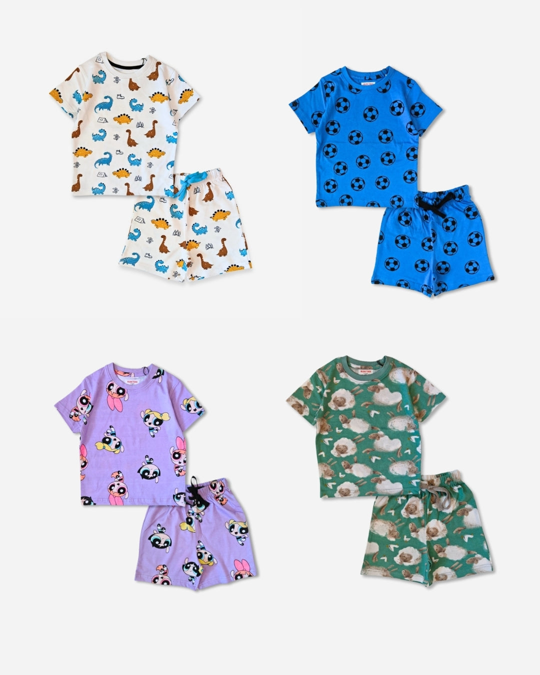 Set of children's pajama sets with various patterns on a white background
