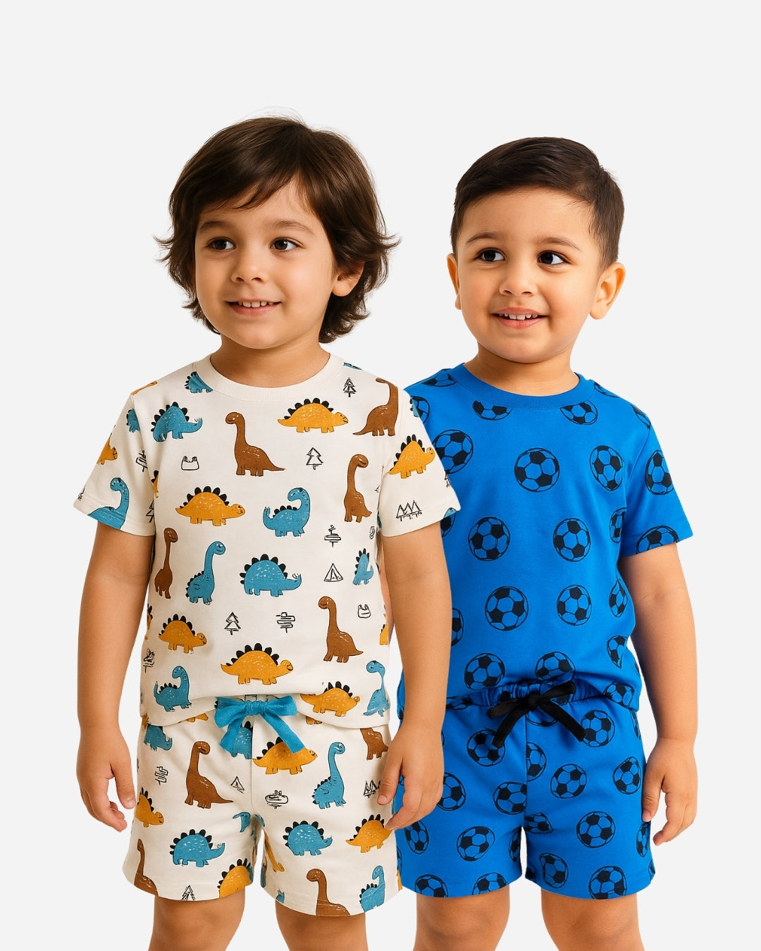 Two children wearing pajama sets with dinosaur and soccer ball patterns on a white background