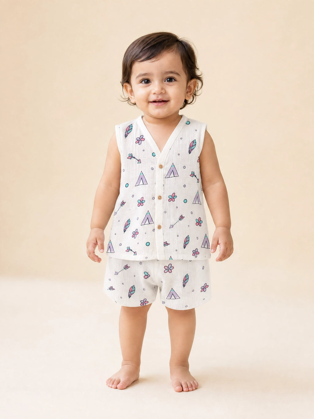 NAEIM Premium Cotton Muslin Jabla & Shorts Set – Boho Adventure Print