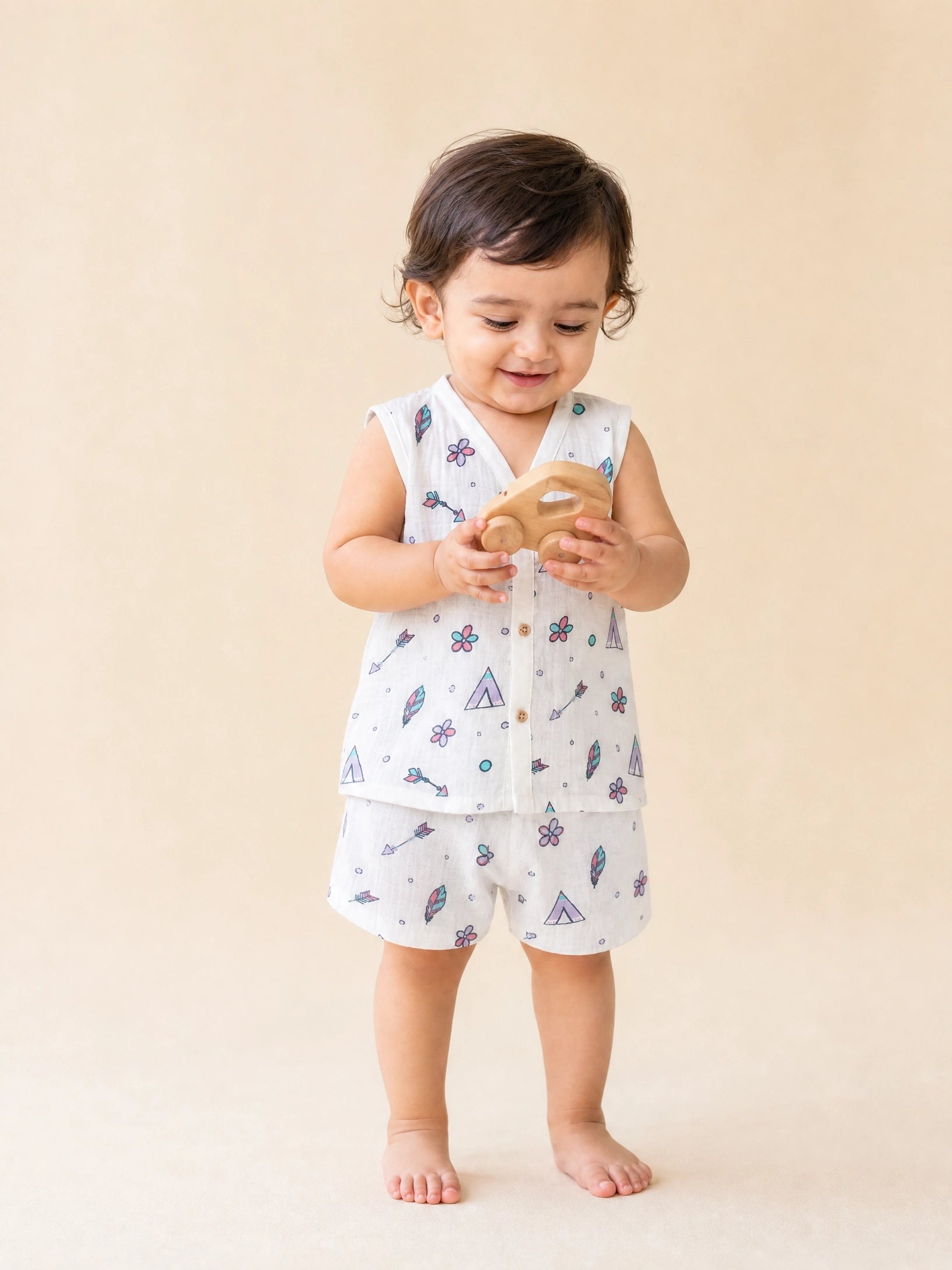 NAEIM Premium Cotton Muslin Jabla & Shorts Set – Boho Adventure Print