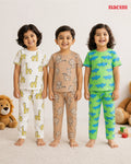 NAEIM Pack of 3 Premium Cotton Kids Pajama Set featuring Giraffe, Lion and Crocodile prints for boys and girls.