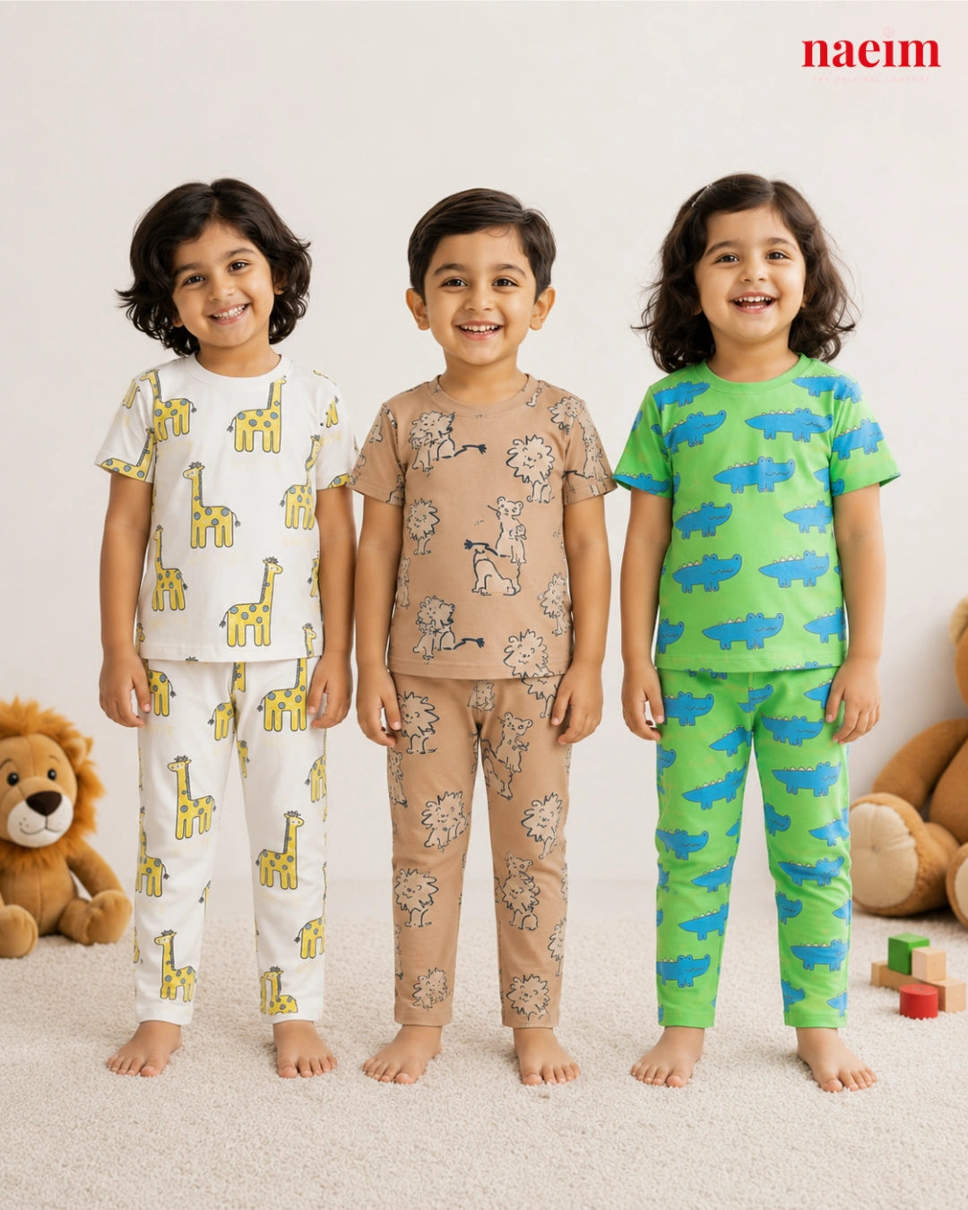 NAEIM Pack of 3 Premium Cotton Kids Pajama Set featuring Giraffe, Lion and Crocodile prints for boys and girls.