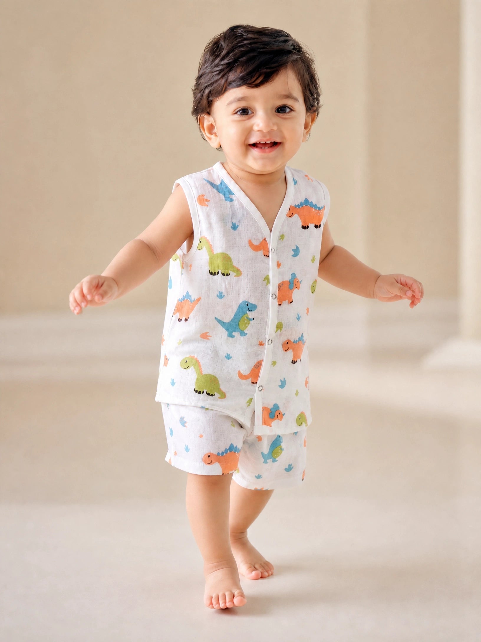 NAEIM Premium Muslin Jabla & Shorts Set – Dinosaur Print