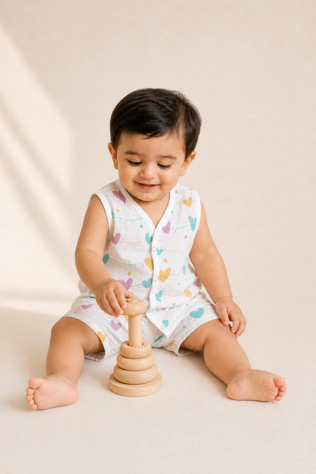 NAEIM Premium Cotton Muslin Jabla & Shorts Set – Pastel Hearts Print