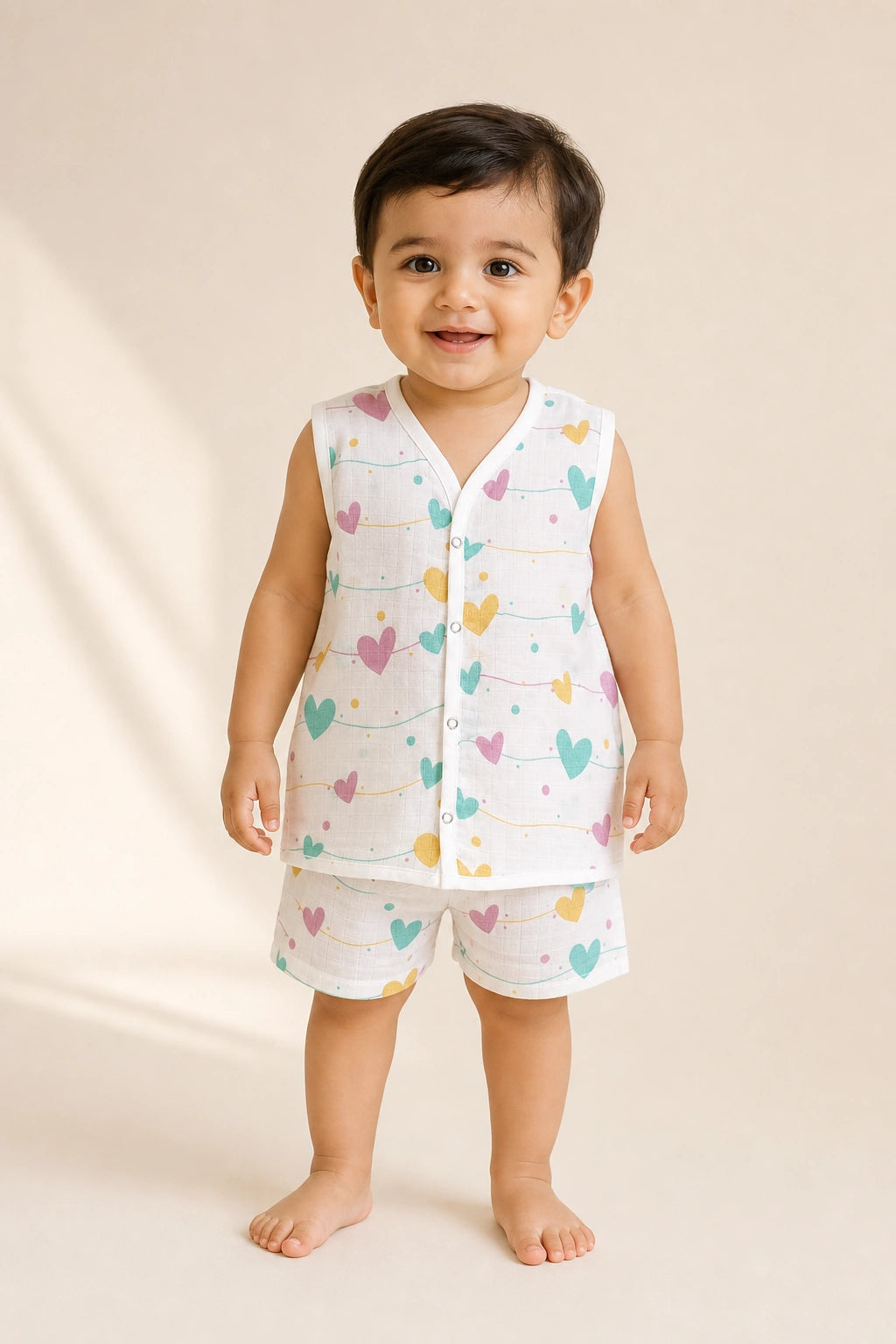 NAEIM Premium Cotton Muslin Jabla & Shorts Set – Pastel Hearts Print