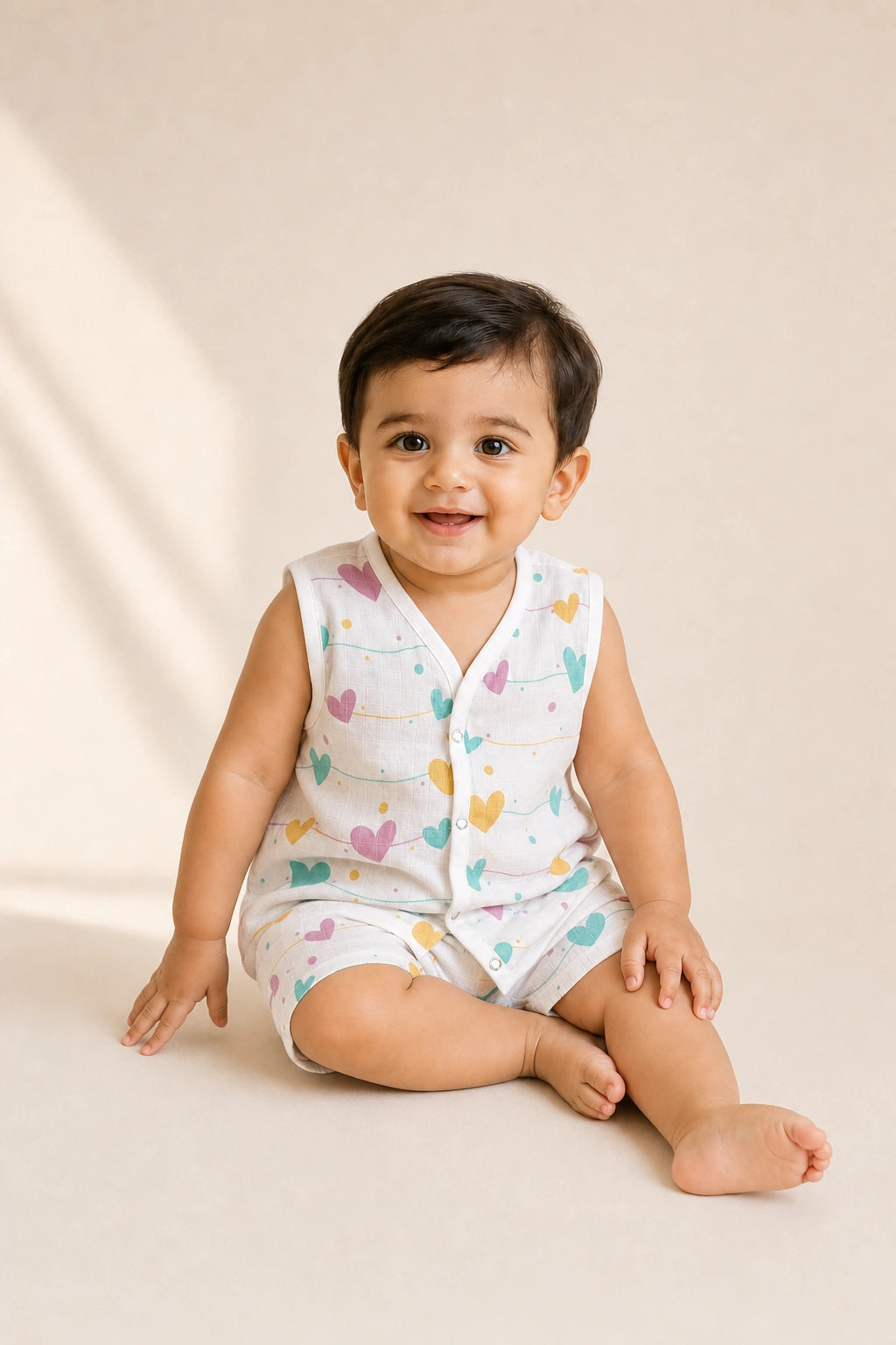 NAEIM Premium Cotton Muslin Jabla & Shorts Set – Pastel Hearts Print