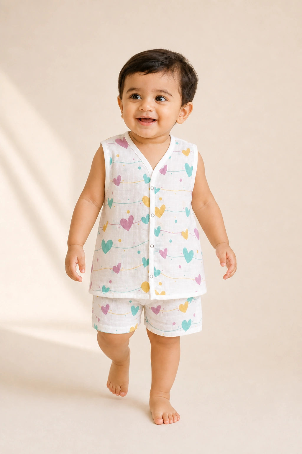 NAEIM Premium Cotton Muslin Jabla & Shorts Set – Pastel Hearts Print