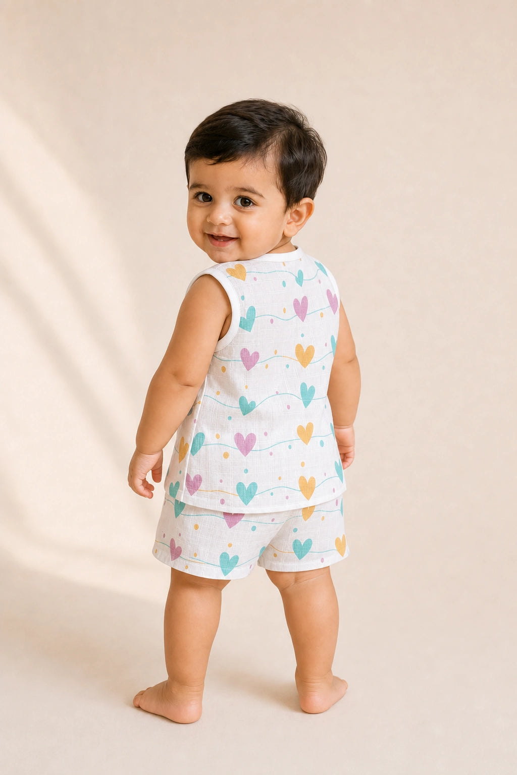 NAEIM Premium Cotton Muslin Jabla & Shorts Set – Pastel Hearts Print