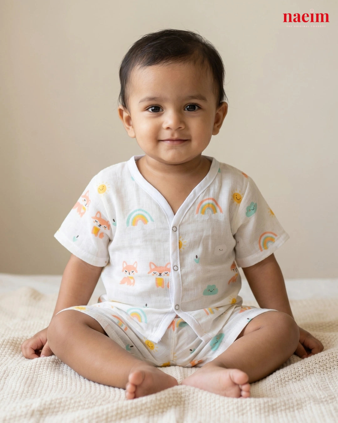 Premium Little Fox’s Tales Muslin Jabla and Shorts Set - Breathable White Cotton Baby Co-ord