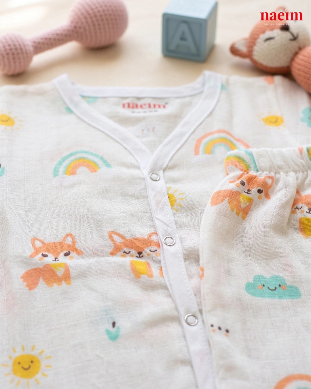 Premium Little Fox’s Tales Muslin Jabla and Shorts Set - Breathable White Cotton Baby Co-ord