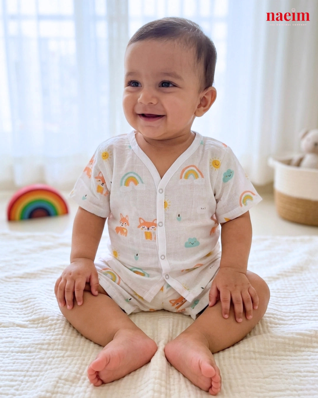 Premium Little Fox’s Tales Muslin Jabla and Shorts Set - Breathable White Cotton Baby Co-ord