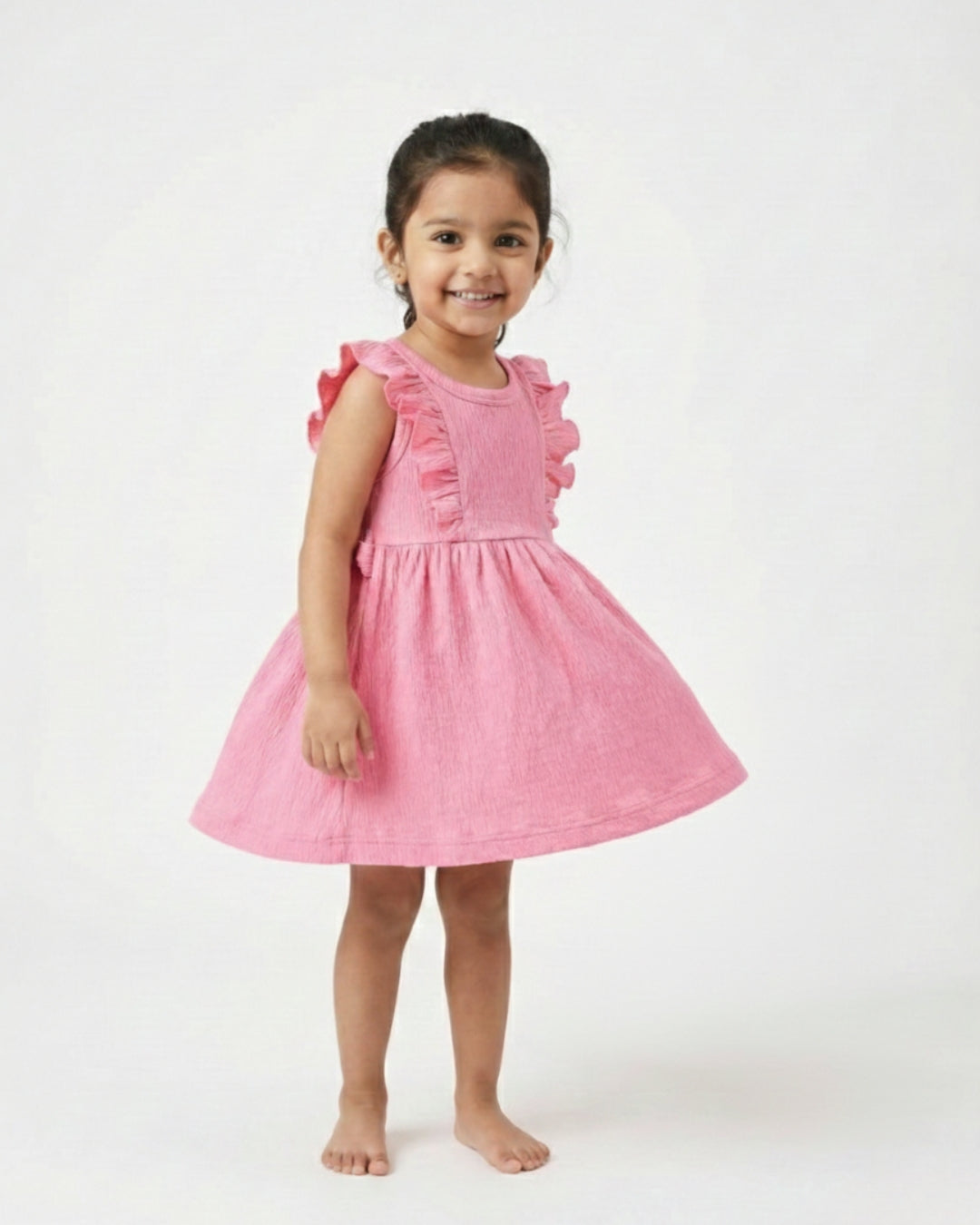Pink Ruffle Frock for Girls (1–6 Years) | Soft Crinkled Cotton Everyday Dress