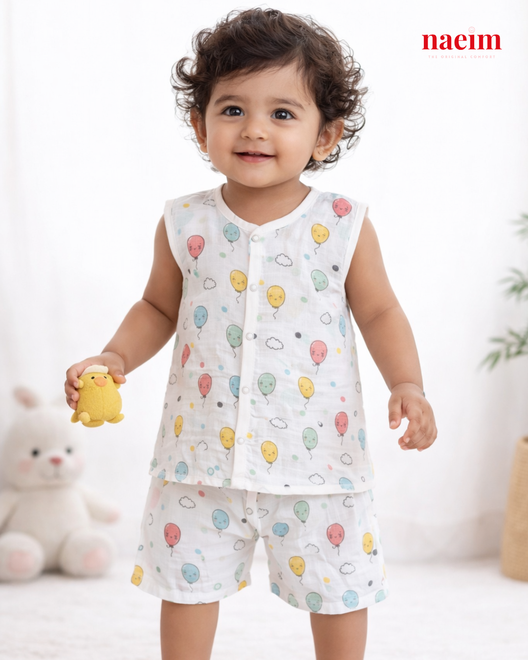 Muslin Sleeveless Jabla & Shorts Set - Whimsical Summer Wear - Cheerful Balloons
