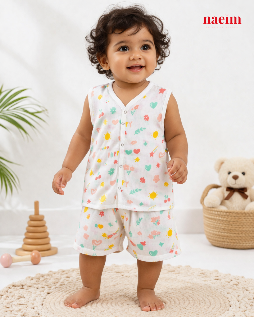Muslin Sleeveless Jabla & Shorts Set - Playful Multi-Icon Print - Happy Summer