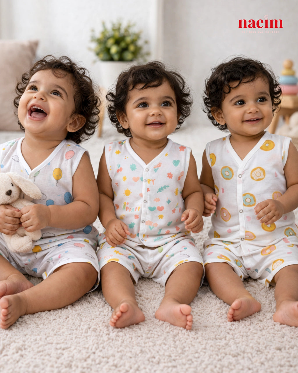 Naeim Pack of 3 Premium Muslin Sleeveless Jabla & Shorts Set - Ultimate Summer Value Bundle for Kids