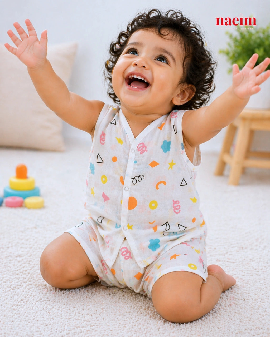 Naeim Pack of 3 Premium Muslin Sleeveless Jabla & Shorts Set - Ultimate Summer Value Bundle for Kids