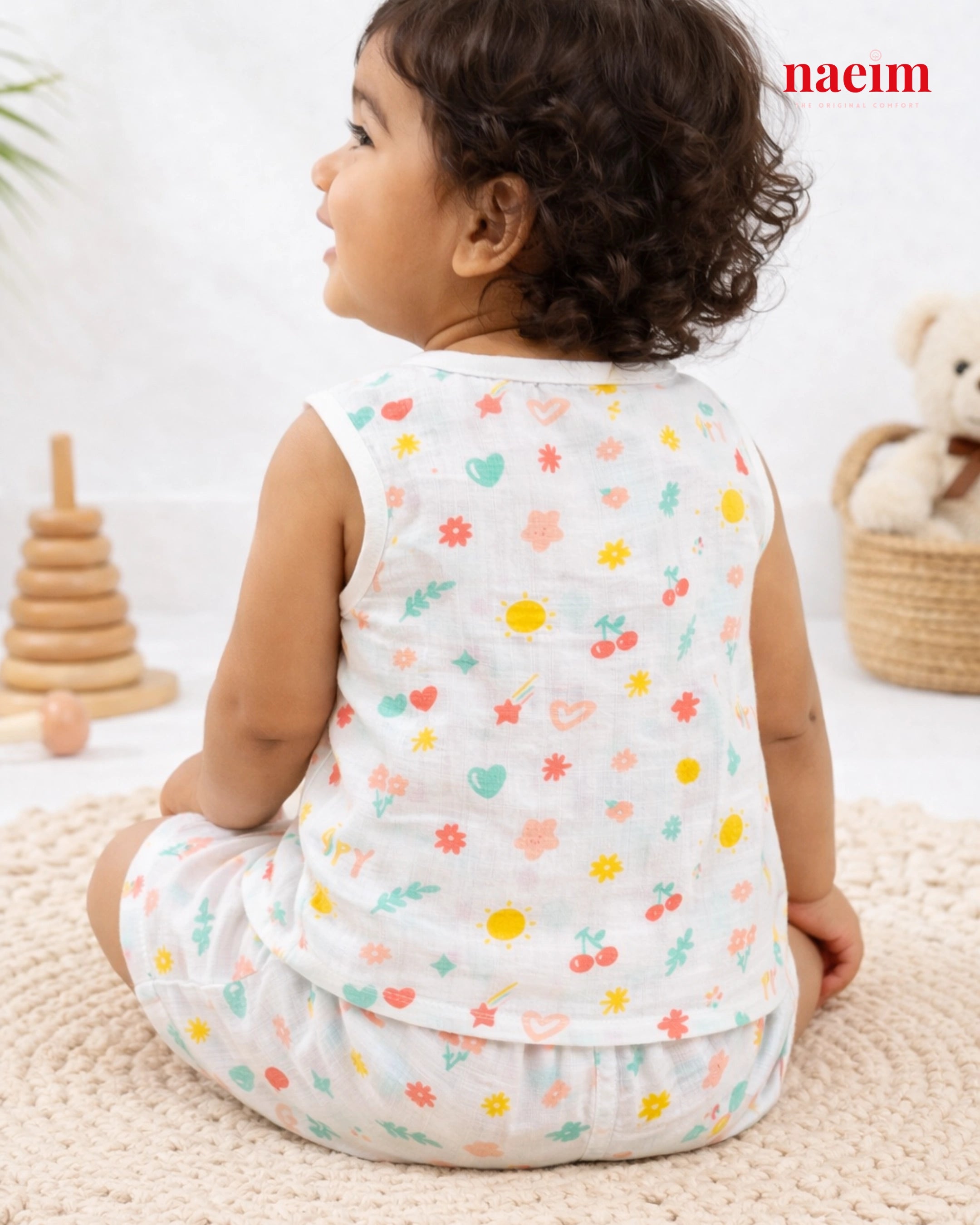 Muslin Sleeveless Jabla & Shorts Set - Playful Multi-Icon Print - Happy Summer