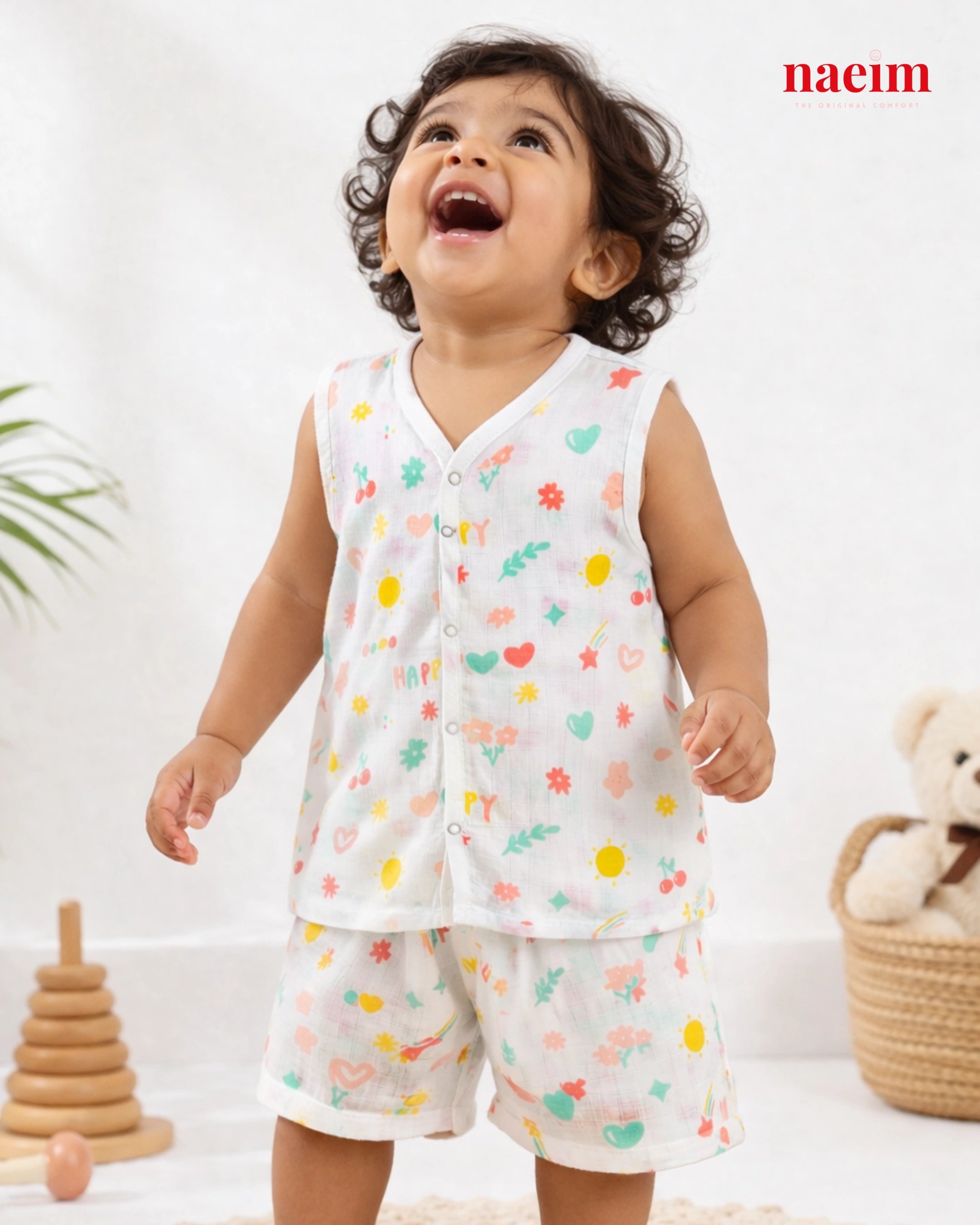 Muslin Sleeveless Jabla & Shorts Set - Playful Multi-Icon Print - Happy Summer