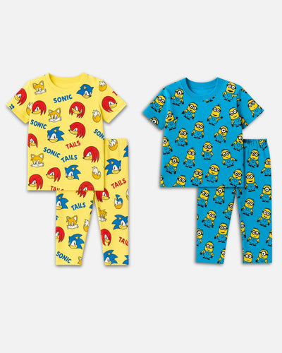 Boys & Girls Sonic & Minions Print Night Suit Pajama Set - Cotton Comfortable Sleepwear Set