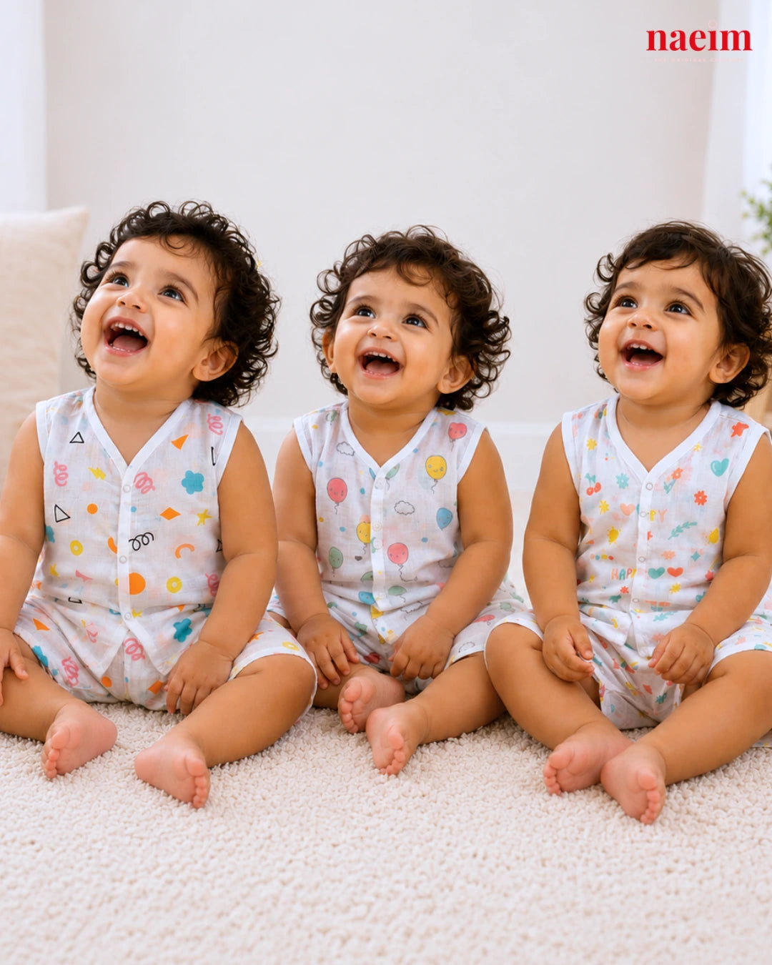 Naeim Pack of 3 Premium Muslin Sleeveless Jabla & Shorts Set - Ultimate Summer Value Bundle for Kids