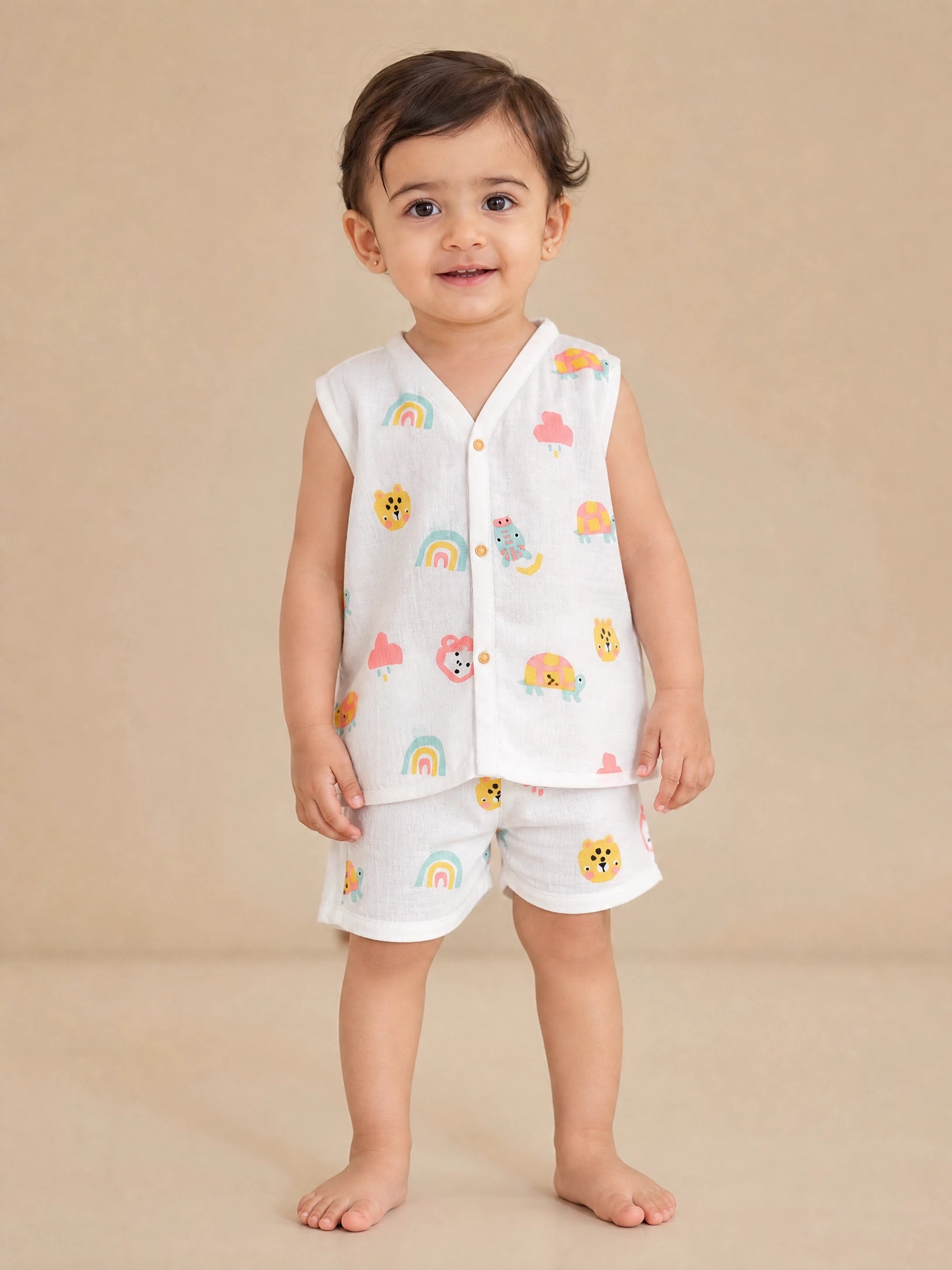 NAEIM Premium Muslin Jabla & Shorts Set for Babies – Rainbow Safari Print